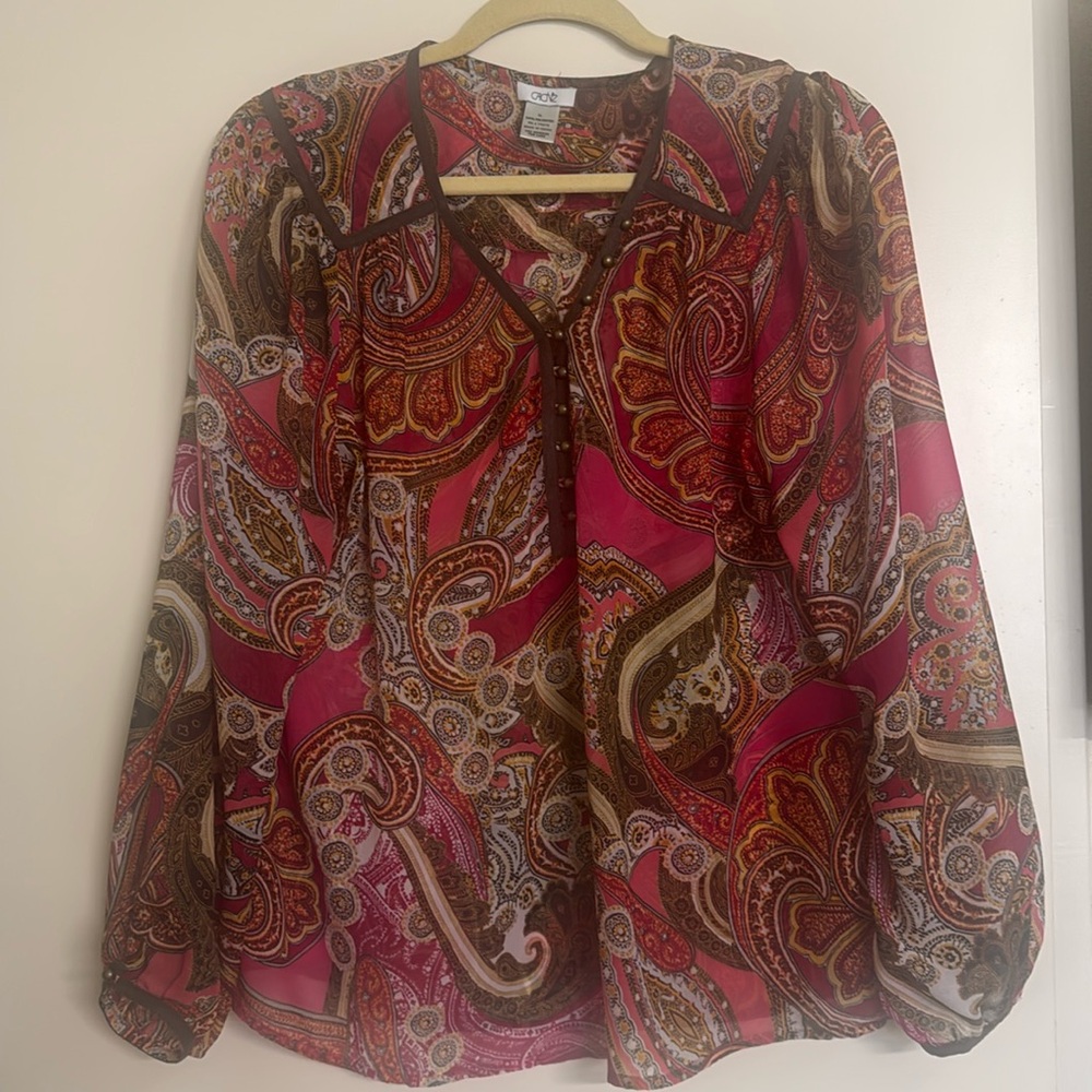 Cache Paisley Print Sheer Pink Blouse Long Sleeves XL Chiffon